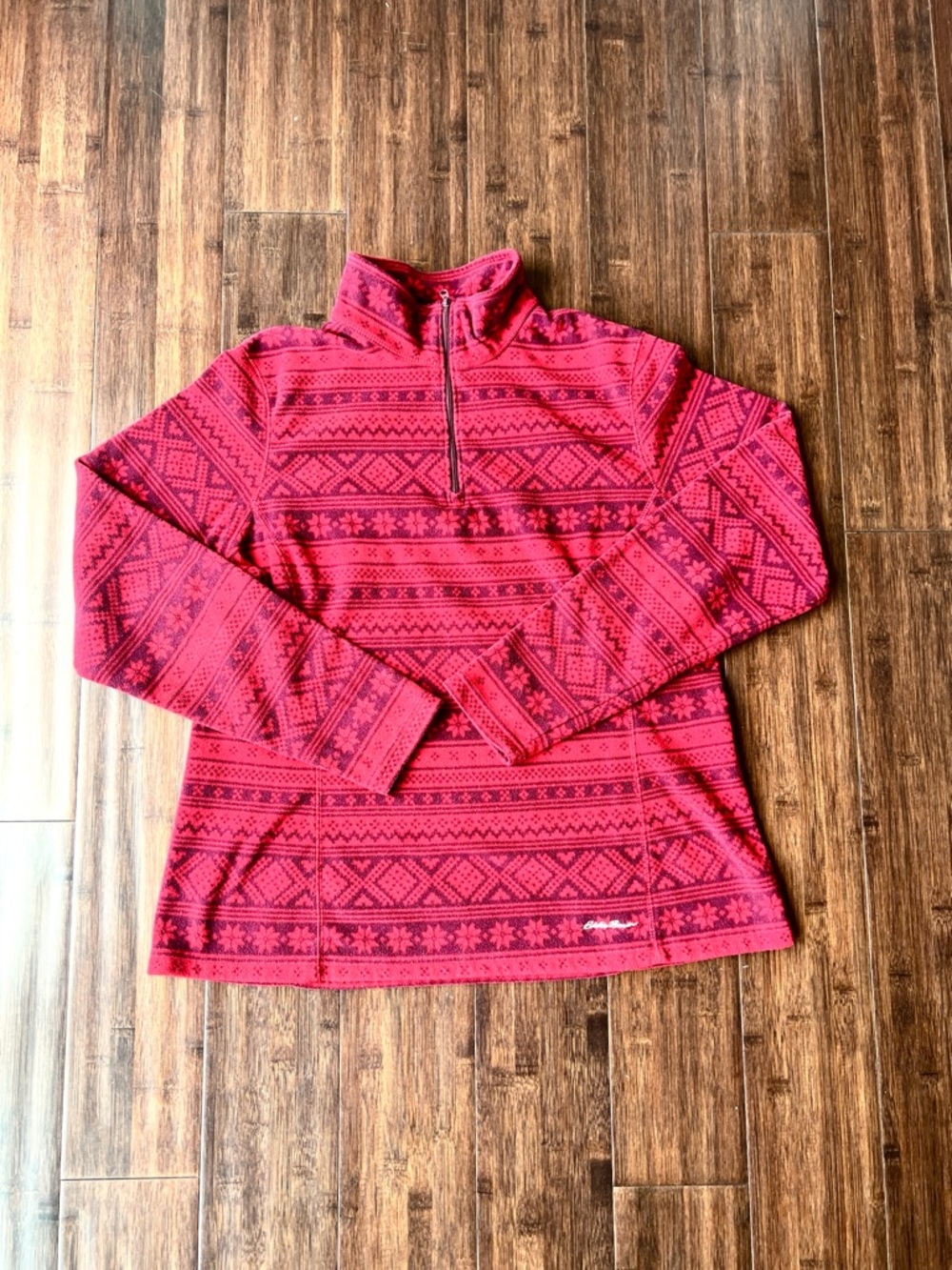Eddie Bauer Fleece Jacket Womens Large Red Nordic Fair Isle 1/4 Zip Mock Neck